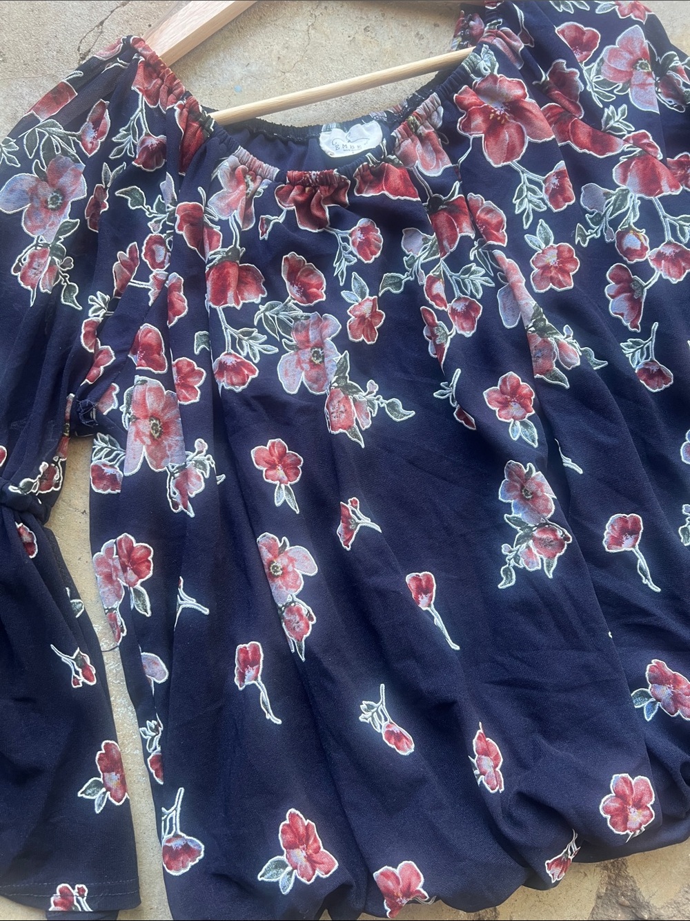 Women’s Floral Peasant Top - Black with Red Flowers - Picture 4 of 8